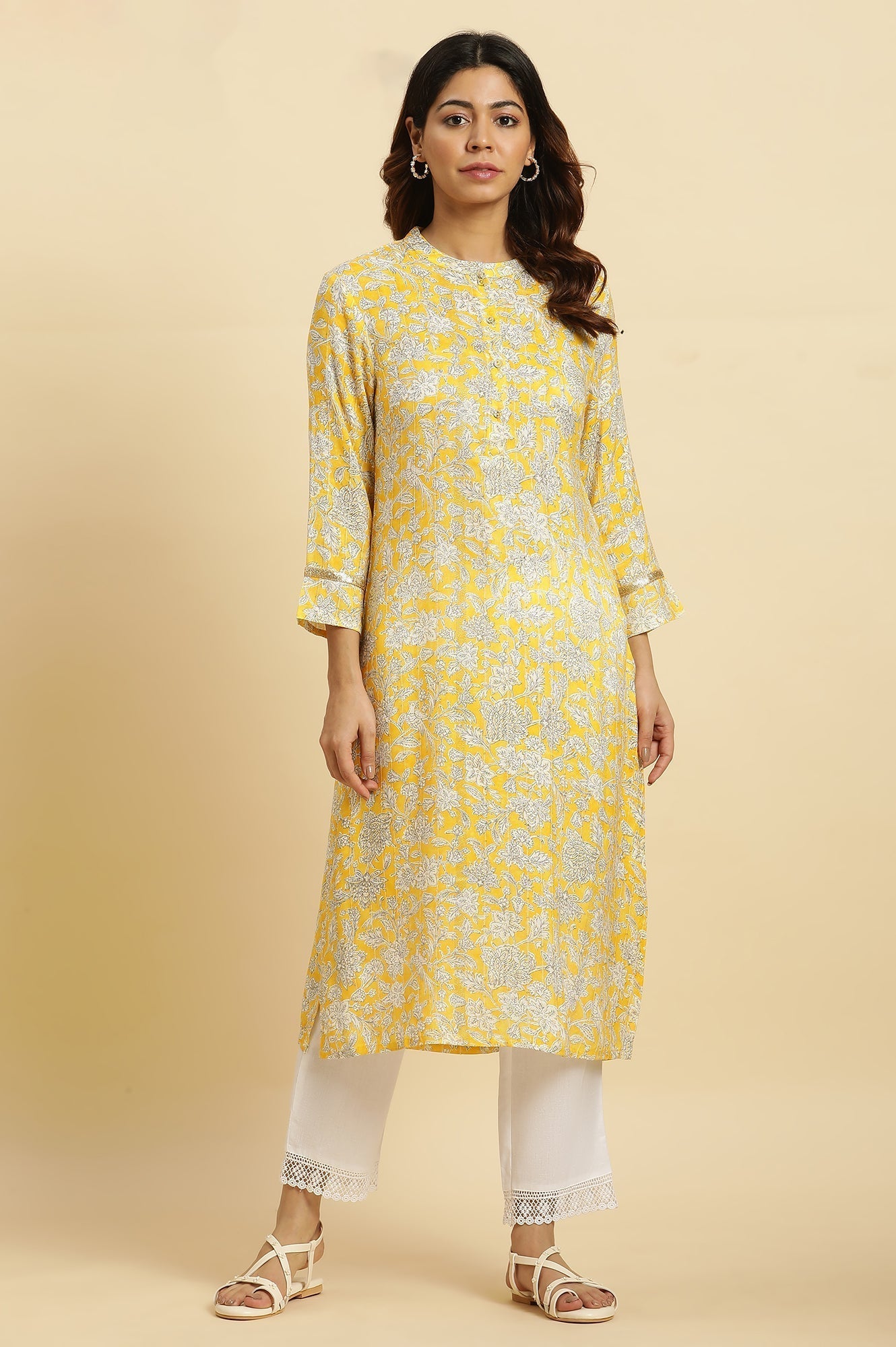 W for Woman Yellow Floral Printed A-line Kurta