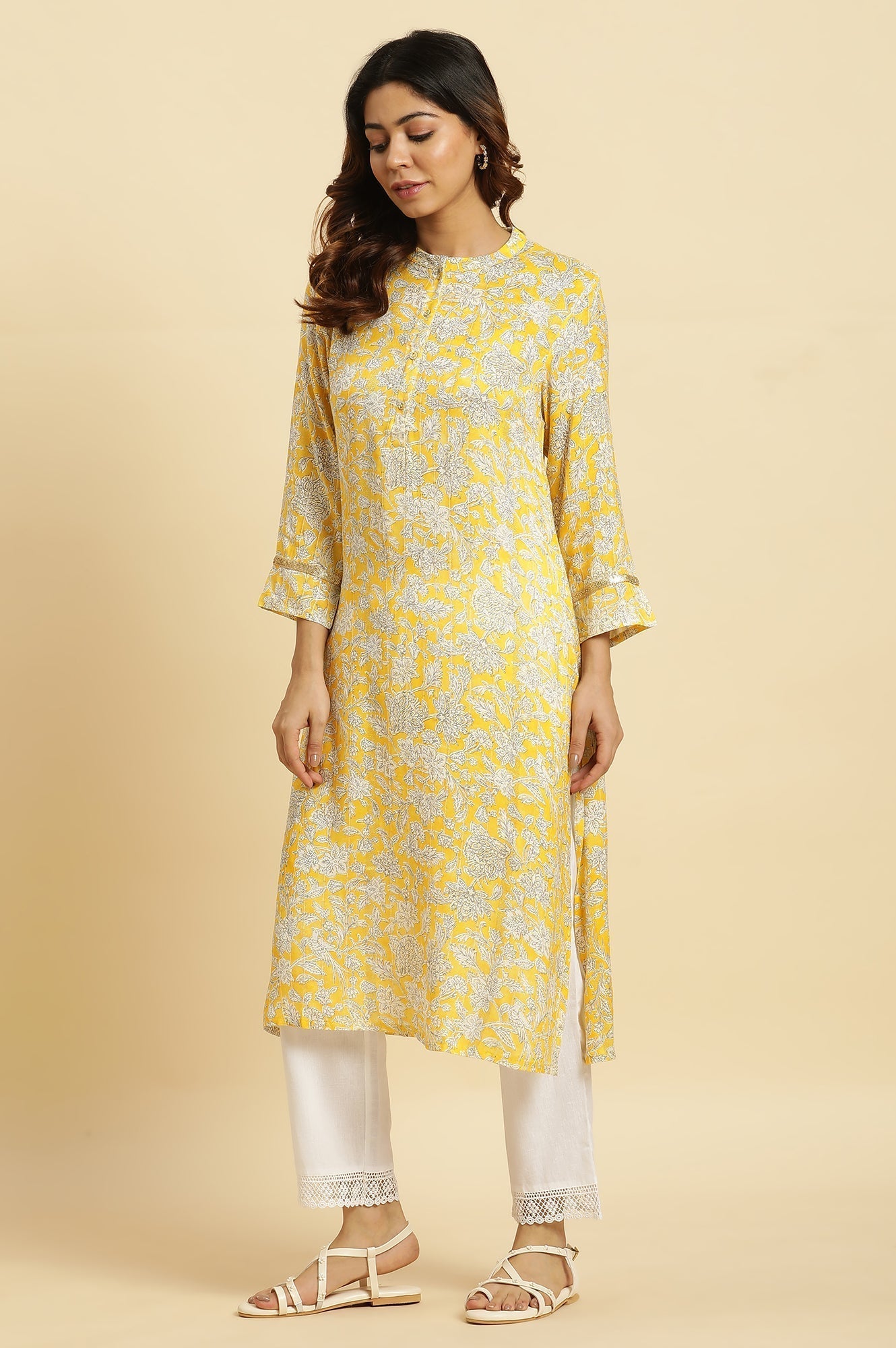 W for Woman Yellow Floral Printed A-line Kurta