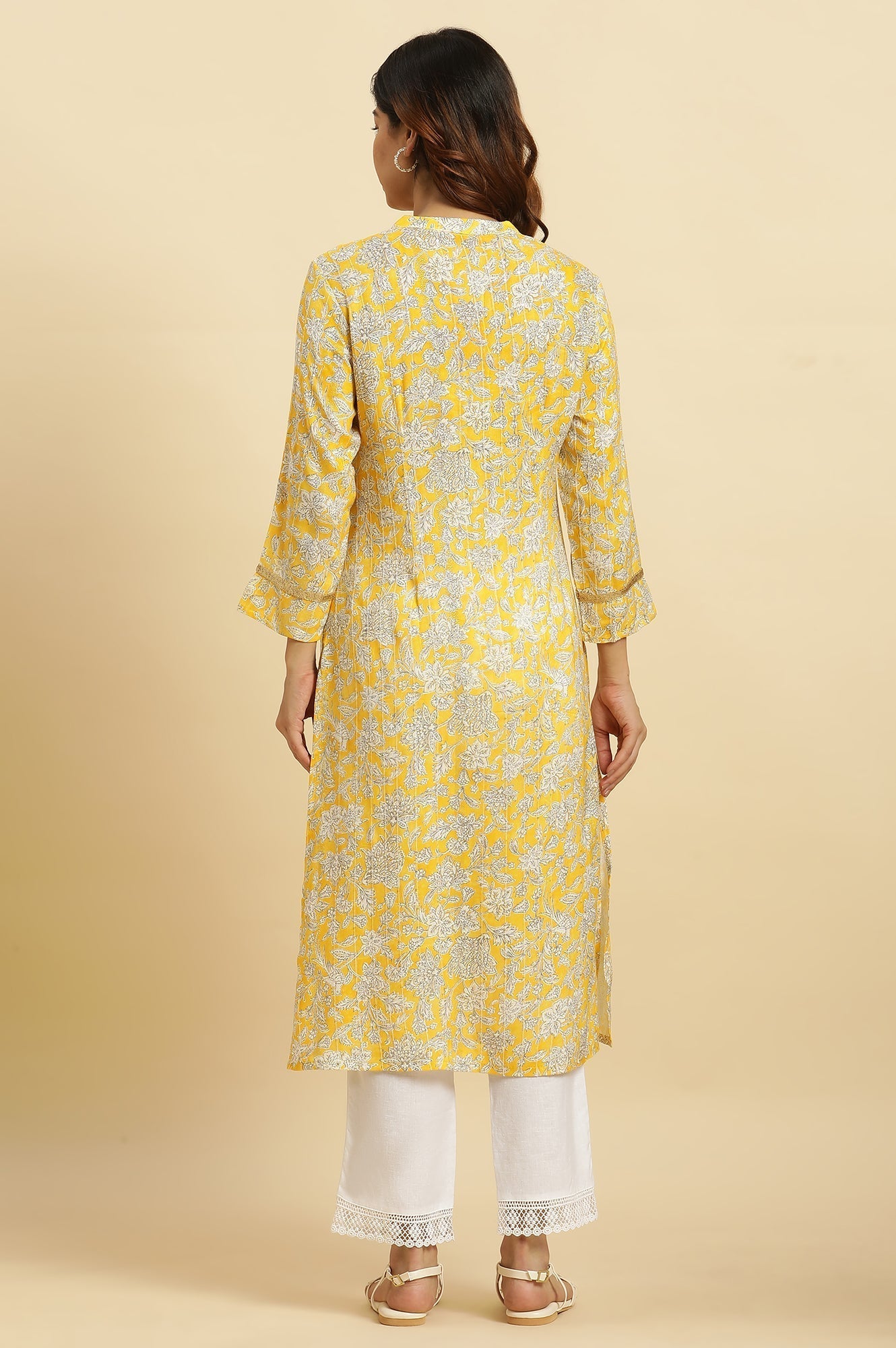 W for Woman Yellow Floral Printed A-line Kurta