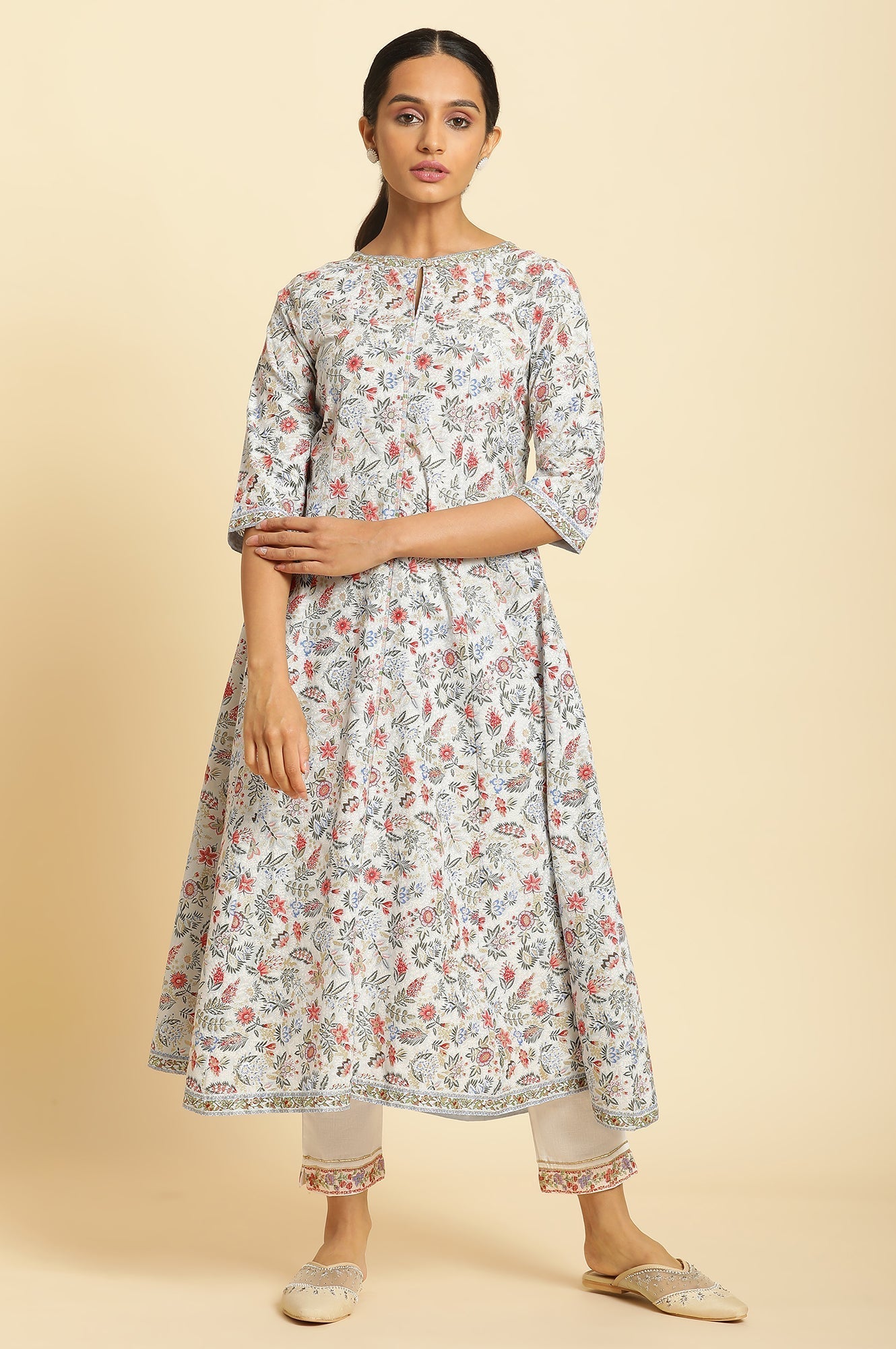 W for Woman Powder Blue Floral Printed Flared Kurta