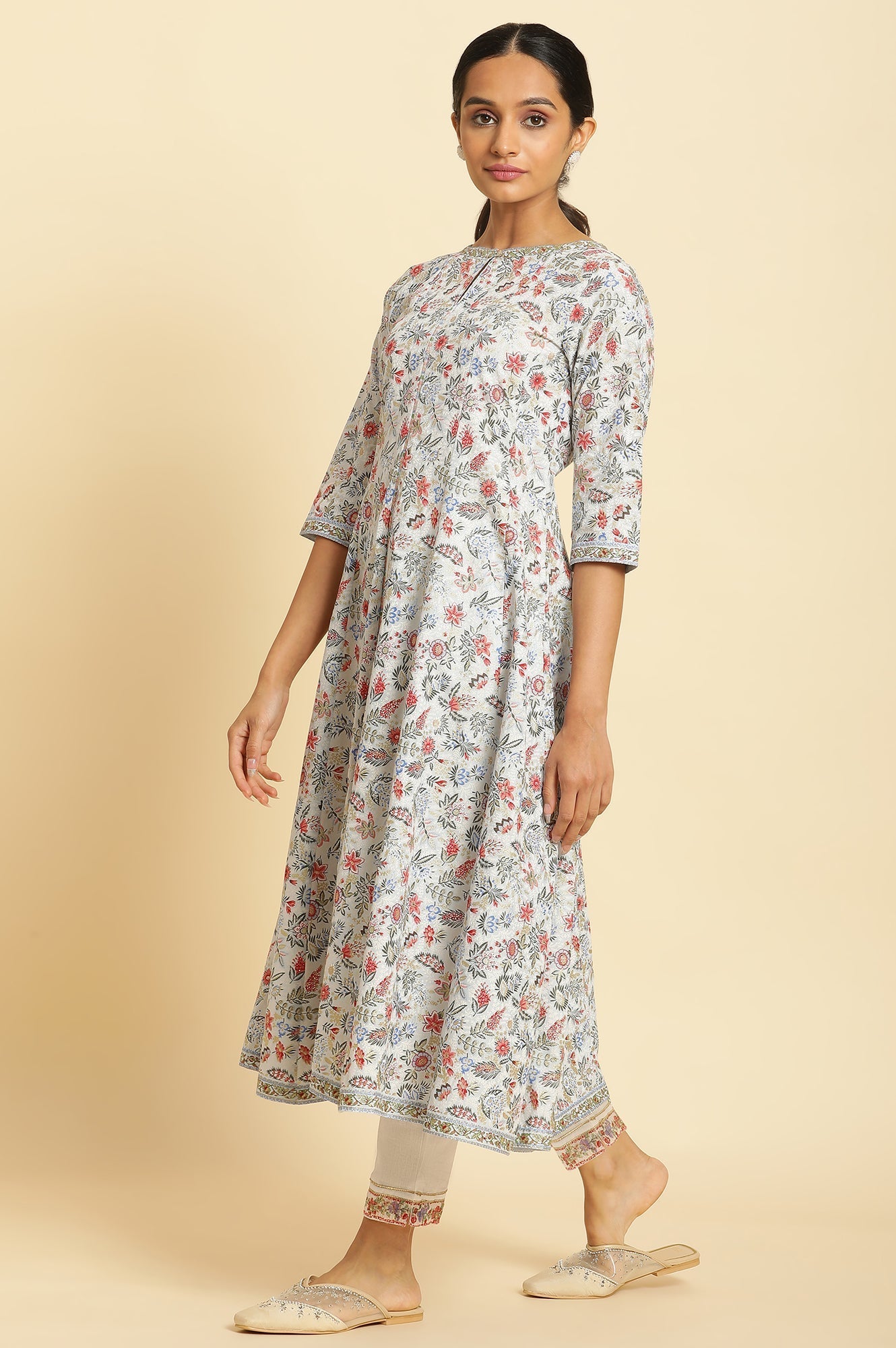 W for Woman Powder Blue Floral Printed Flared Kurta