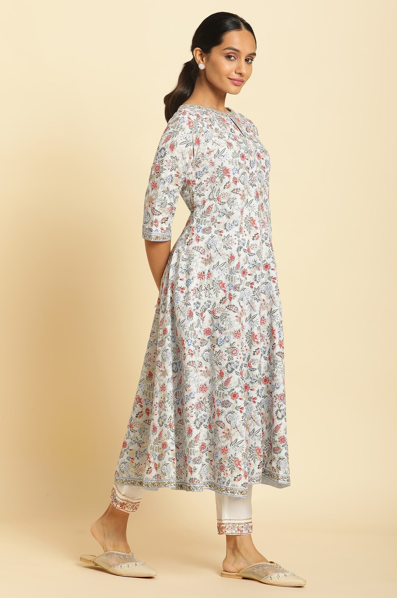 W for Woman Powder Blue Floral Printed Flared Kurta