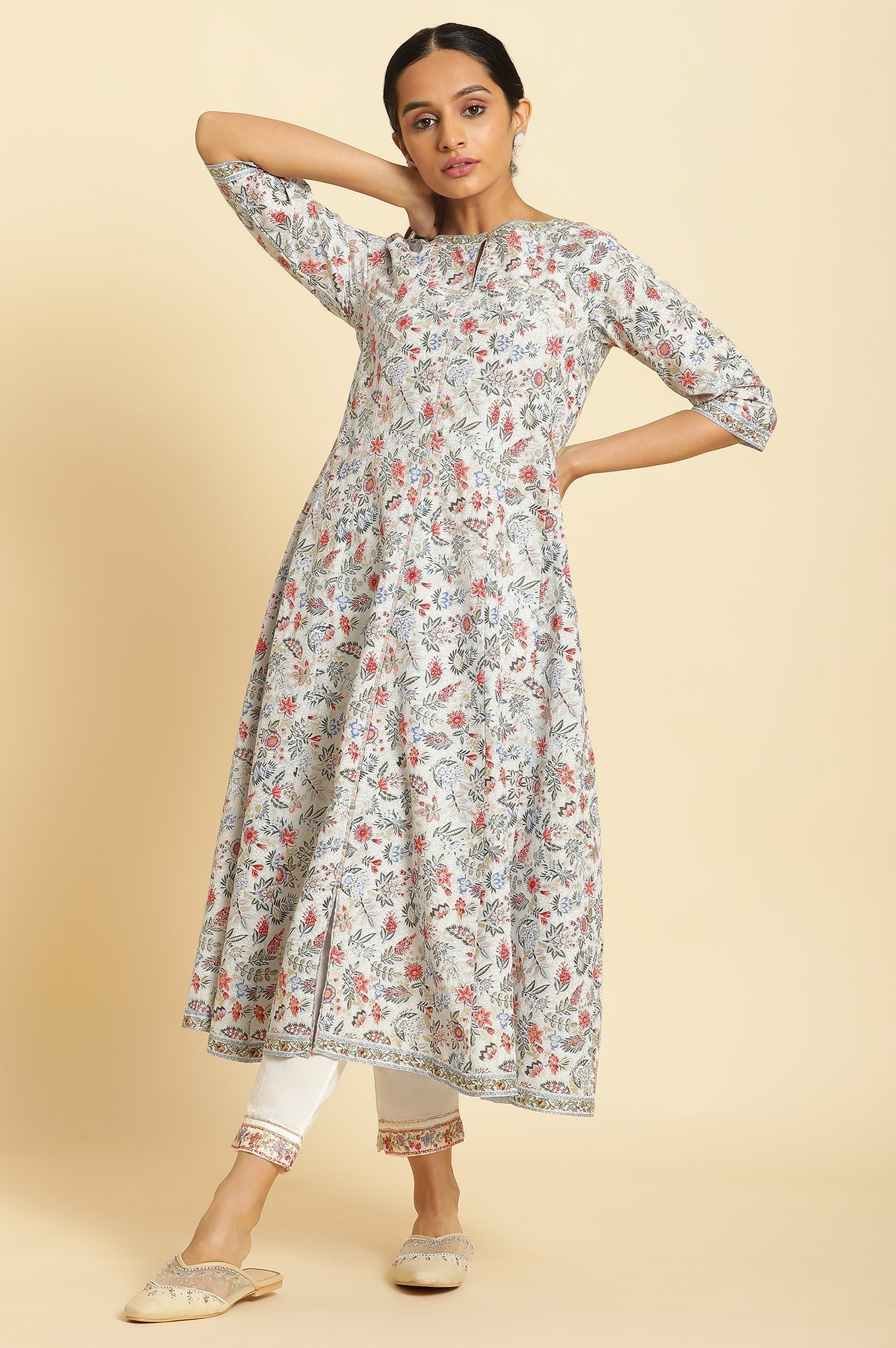 W for Woman Powder Blue Floral Printed Flared Kurta