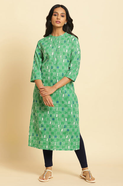 W for Woman Green Geometric Mandarin Collar Straight Kurta