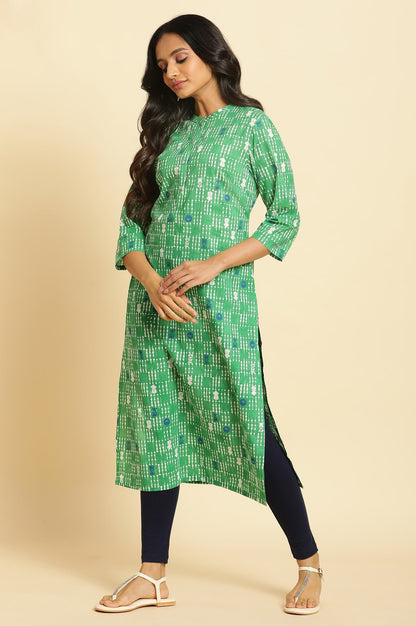 W for Woman Green Geometric Mandarin Collar Straight Kurta
