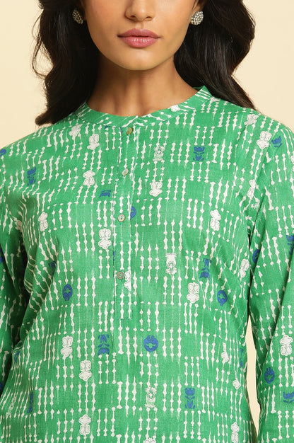 W for Woman Green Geometric Mandarin Collar Straight Kurta