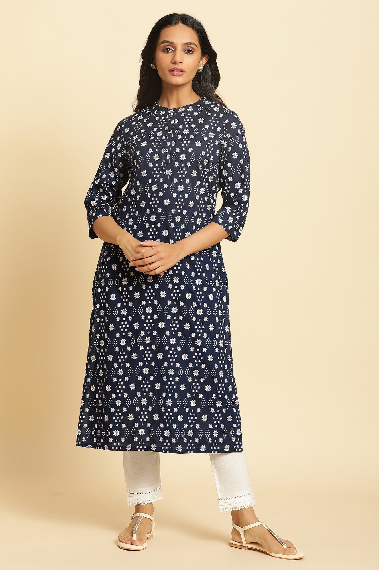 W for Woman Dark Blue Geometric Printed Straight Kurta
