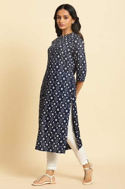 W for Woman Dark Blue Geometric Printed Straight Kurta