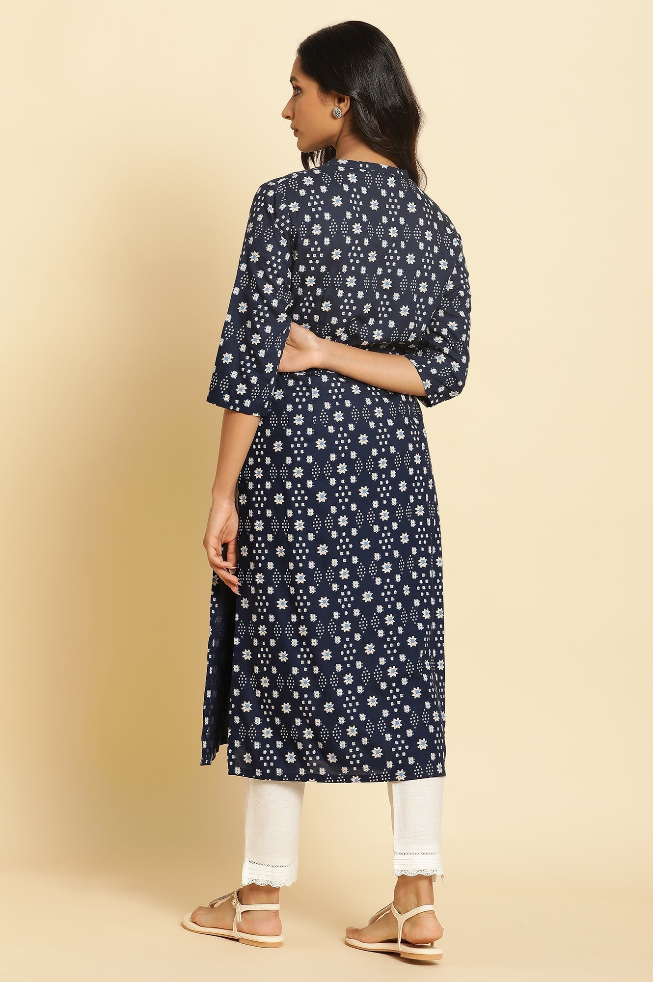 W for Woman Dark Blue Geometric Printed Straight Kurta
