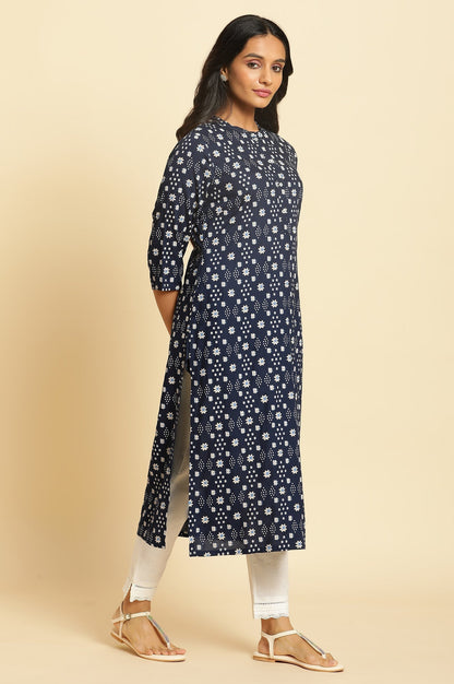W for Woman Dark Blue Geometric Printed Straight Kurta