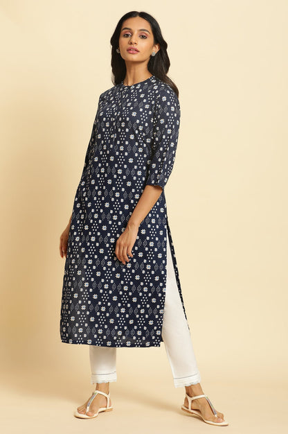W for Woman Dark Blue Geometric Printed Straight Kurta