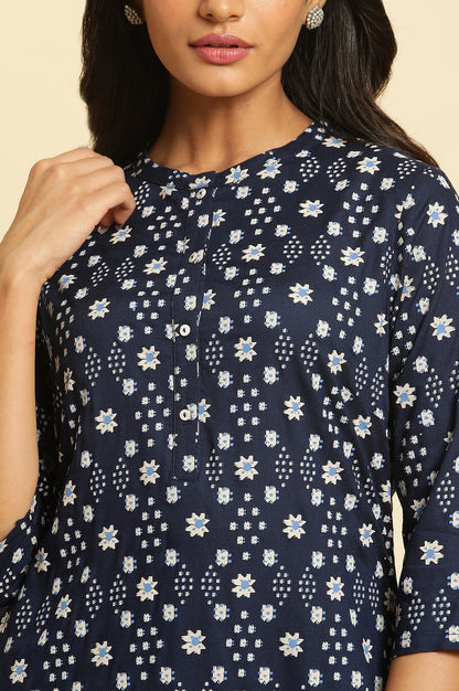 W for Woman Dark Blue Geometric Printed Straight Kurta