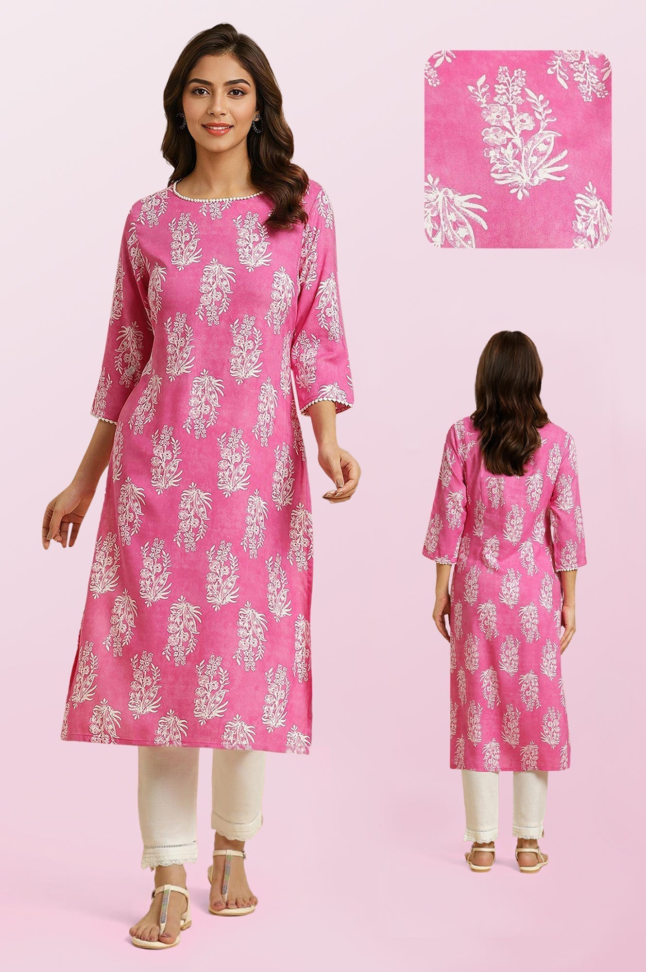 W for Woman Pink Floral Printed Straight Kurta