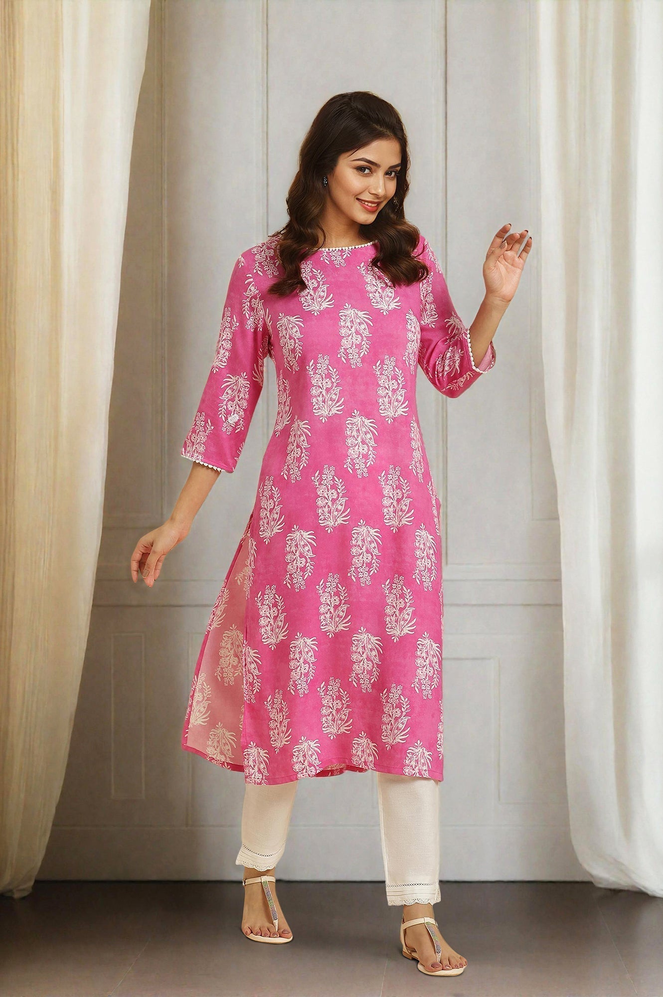 W for Woman Pink Floral Printed Straight Kurta