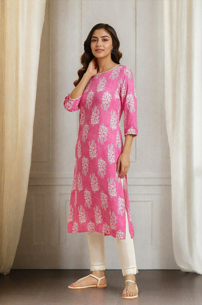 W for Woman Pink Floral Printed Straight Kurta