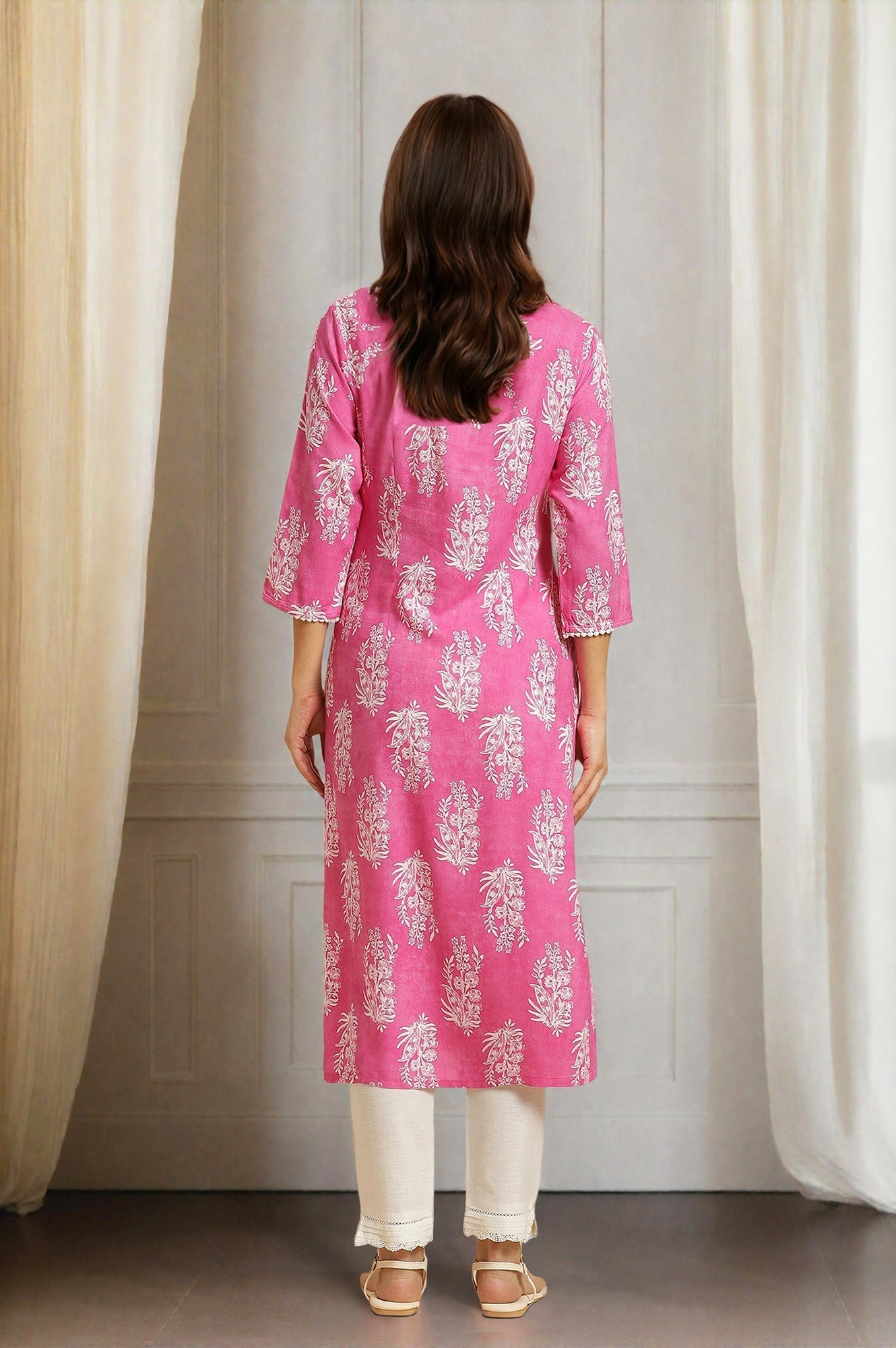 W for Woman Pink Floral Printed Straight Kurta