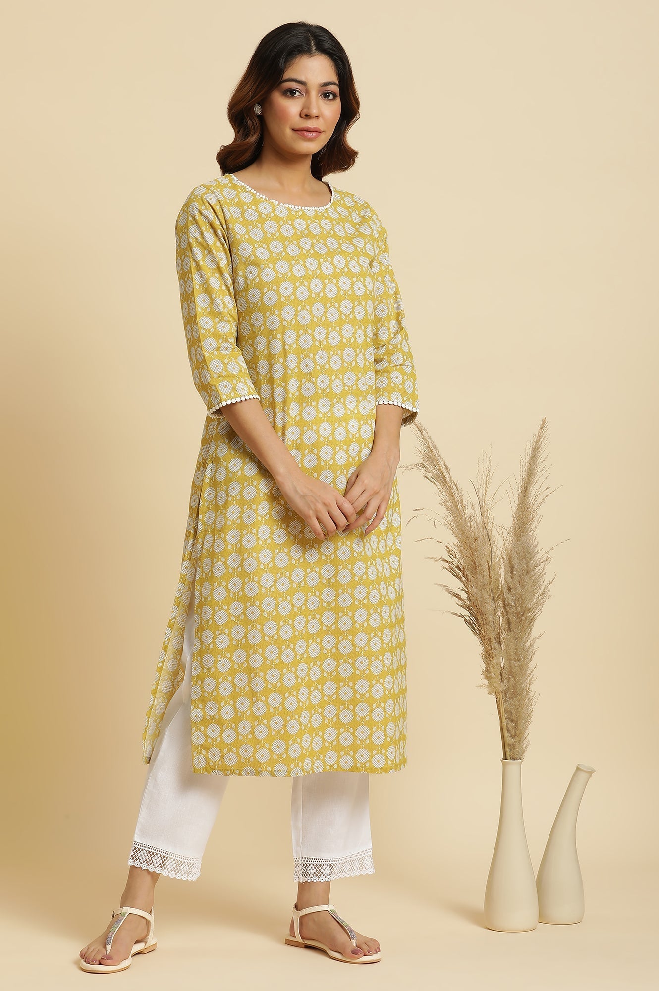 W for Woman Yellow Abstract Printed Straight Kurta