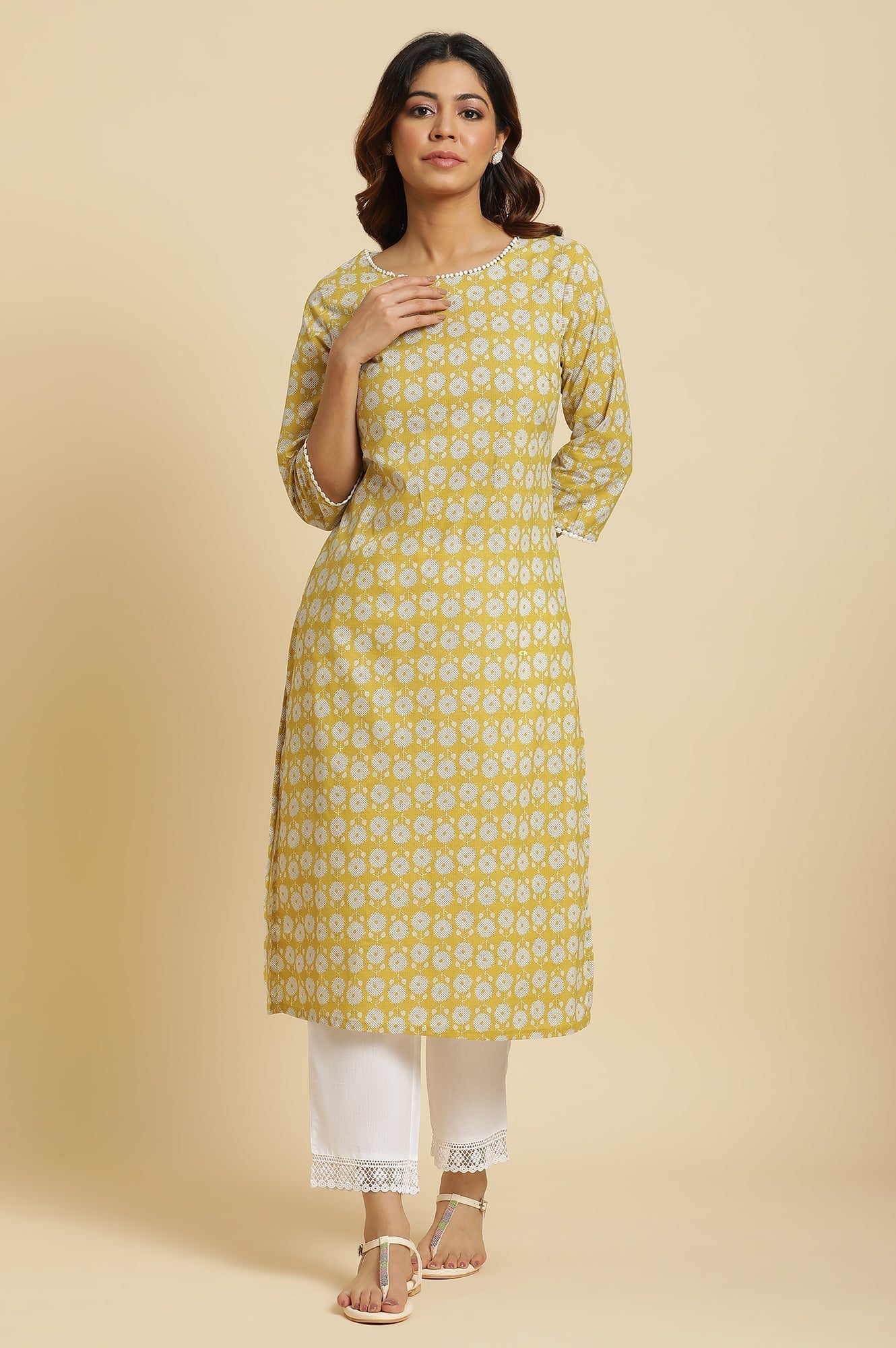 W for Woman Yellow Abstract Printed Straight Kurta