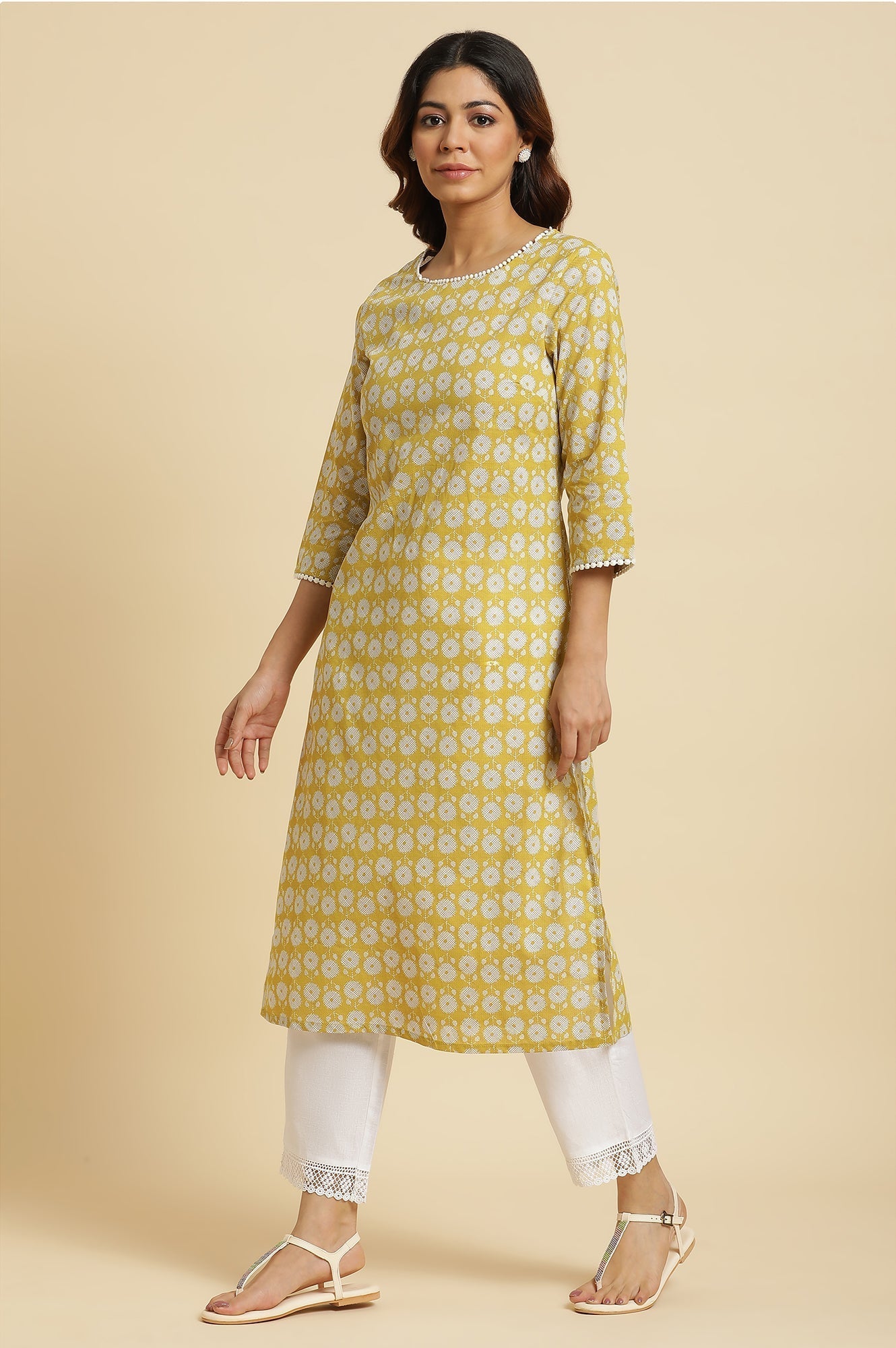 W for Woman Yellow Abstract Printed Straight Kurta