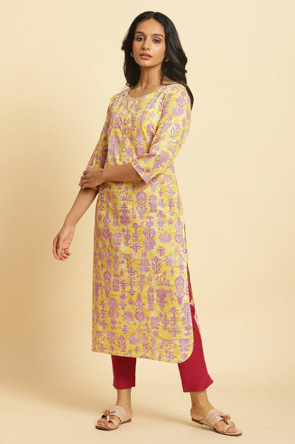 W for Woman Yellow Floral Printed Straight Kurta