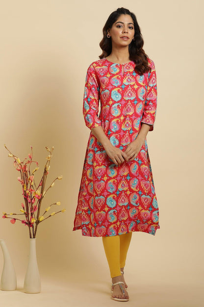 W for Woman Red Straight Kurta With Multi-Coloured Print