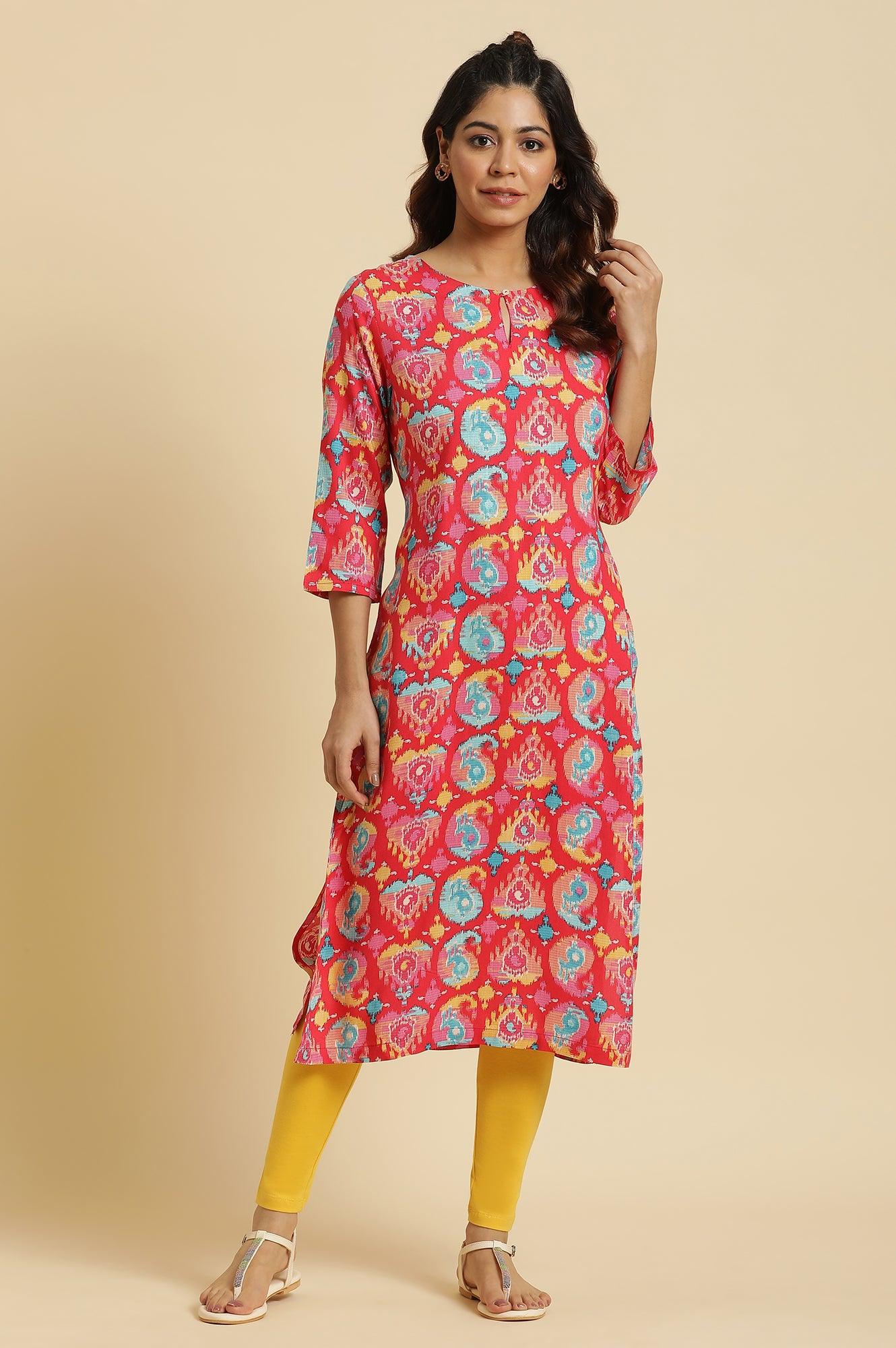 W for Woman Red Straight Kurta With Multi-Coloured Print
