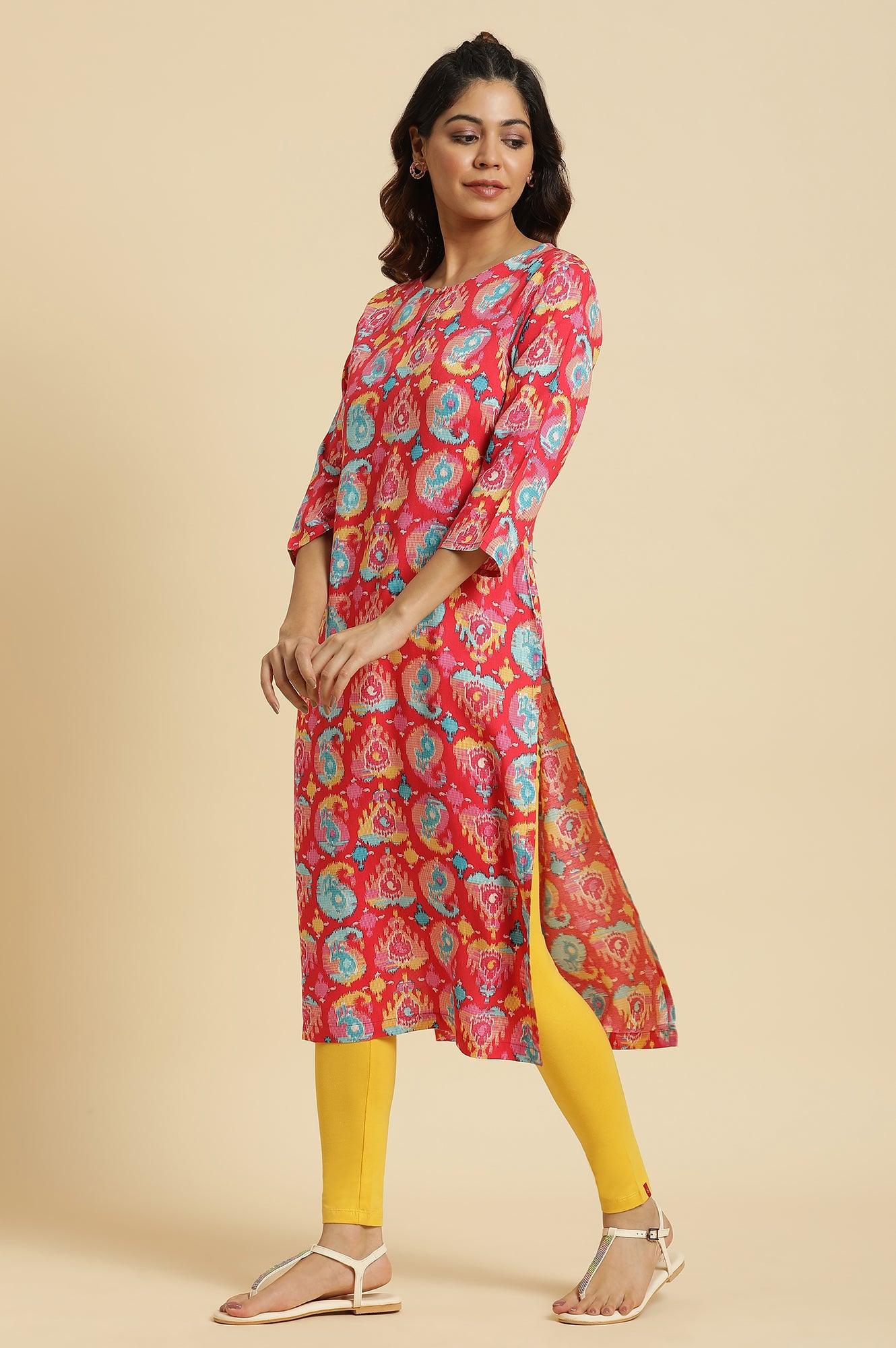 W for Woman Red Straight Kurta With Multi-Coloured Print