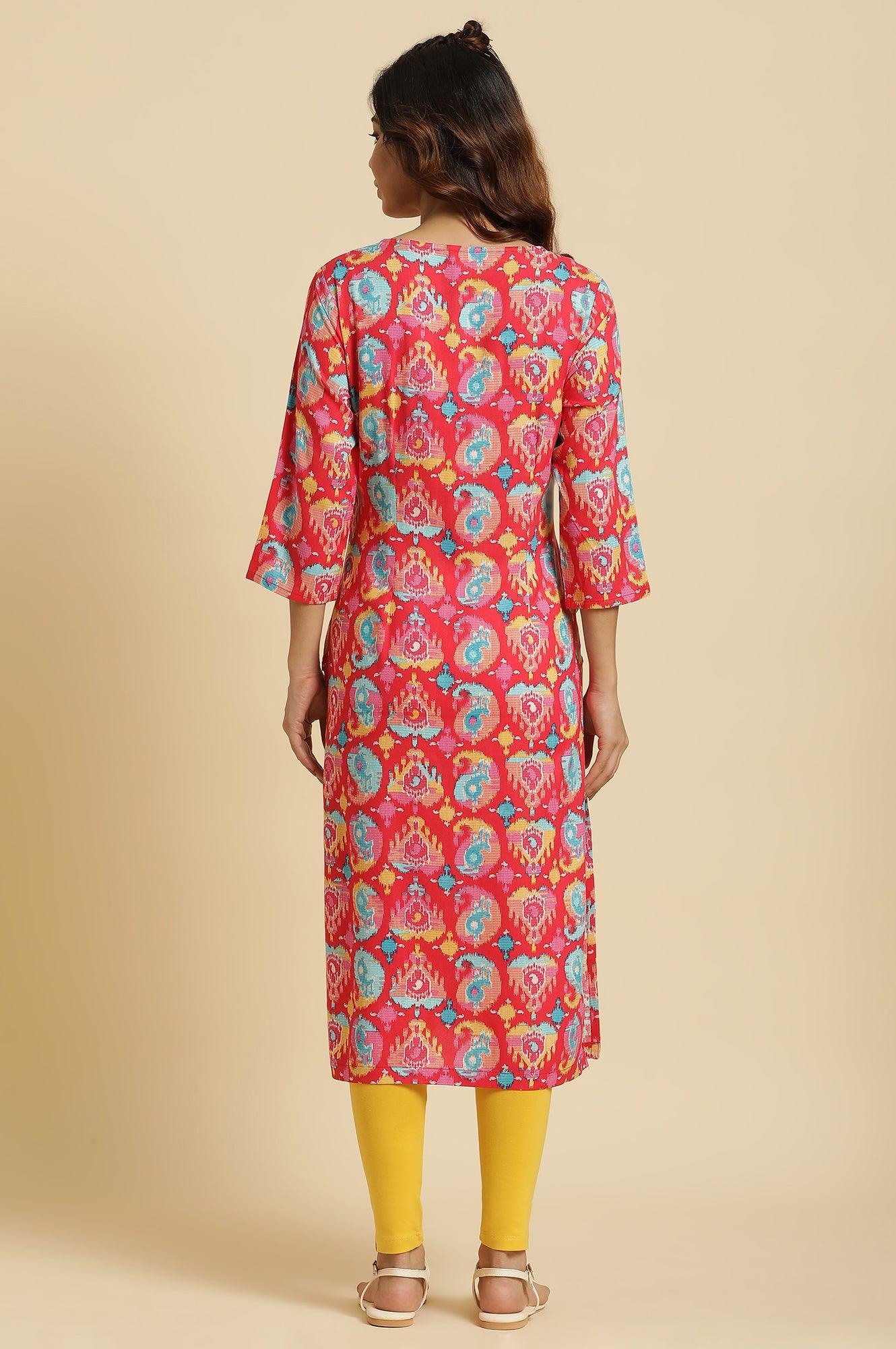 W for Woman Red Straight Kurta With Multi-Coloured Print