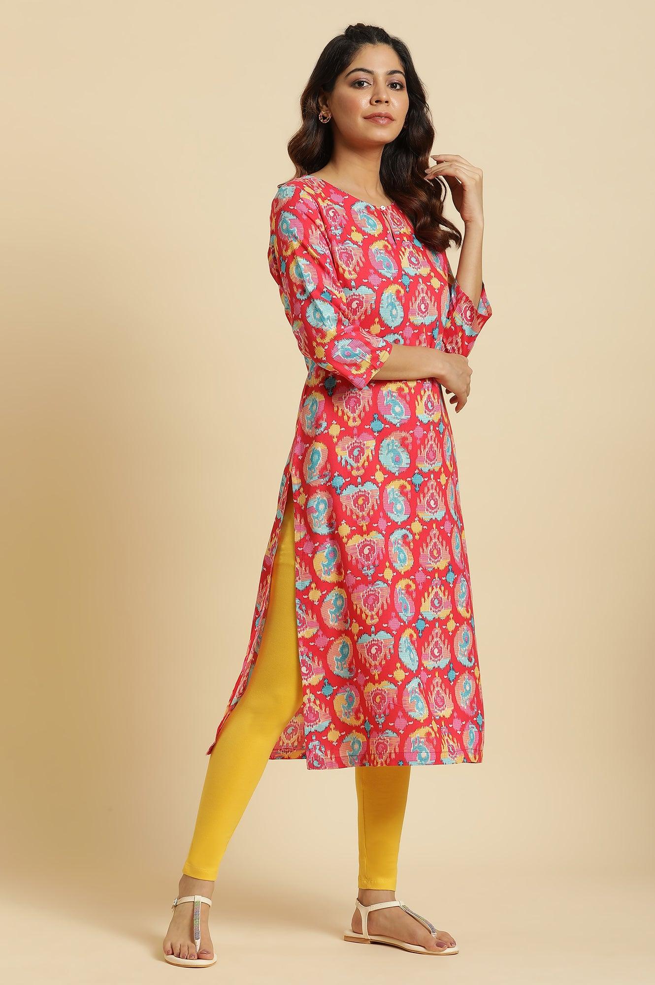 W for Woman Red Straight Kurta With Multi-Coloured Print