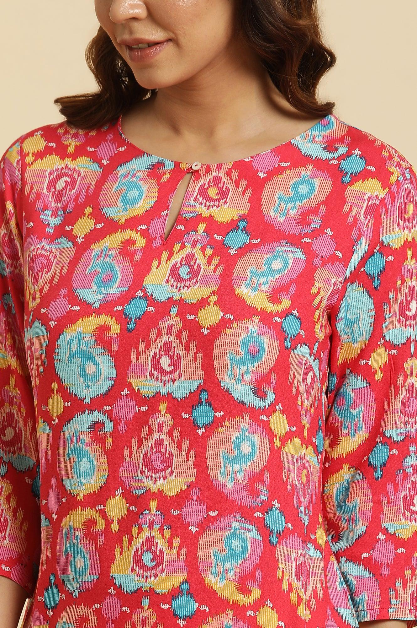 W for Woman Red Straight Kurta With Multi-Coloured Print