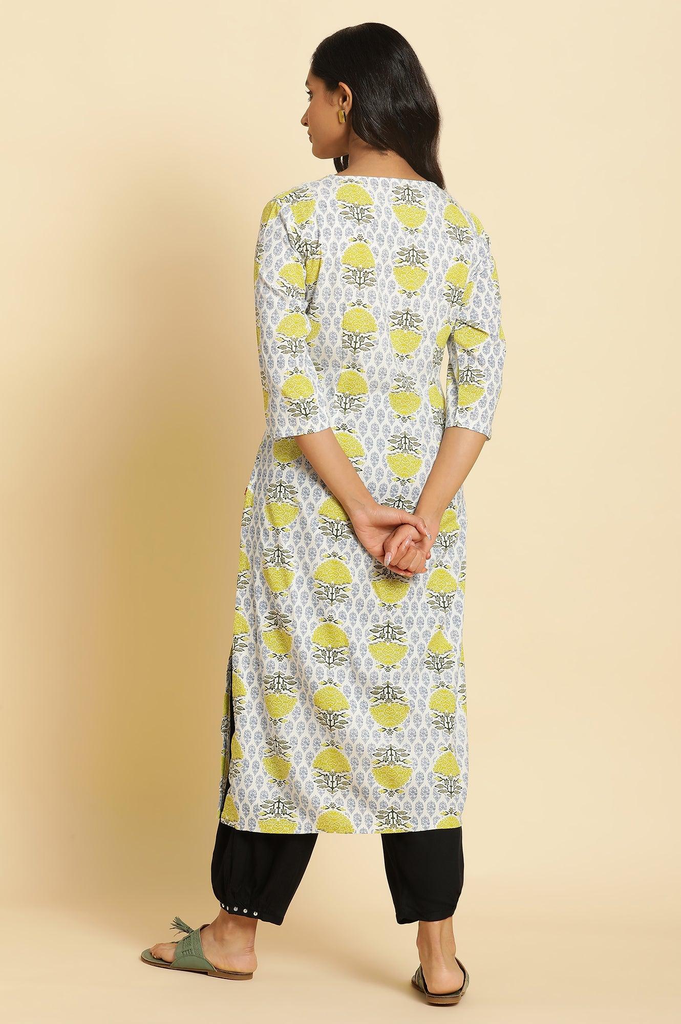 W for Woman White Straight Kurta With Green & Blue Prints