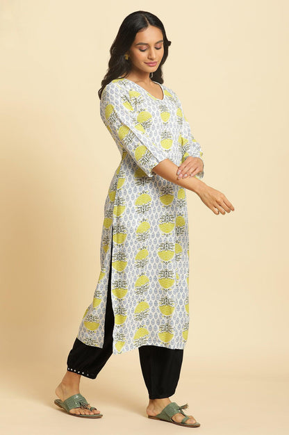 W for Woman White Straight Kurta With Green & Blue Prints