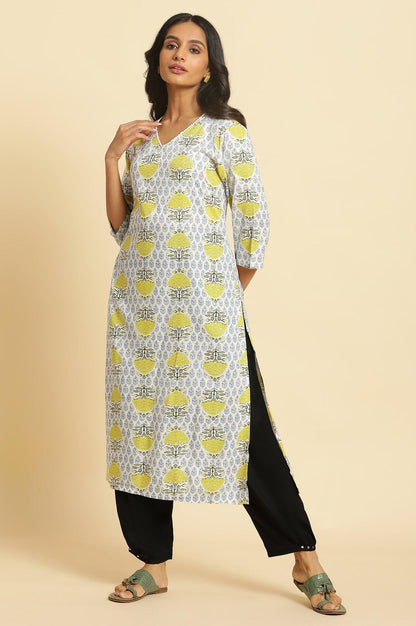W for Woman White Straight Kurta With Green & Blue Prints