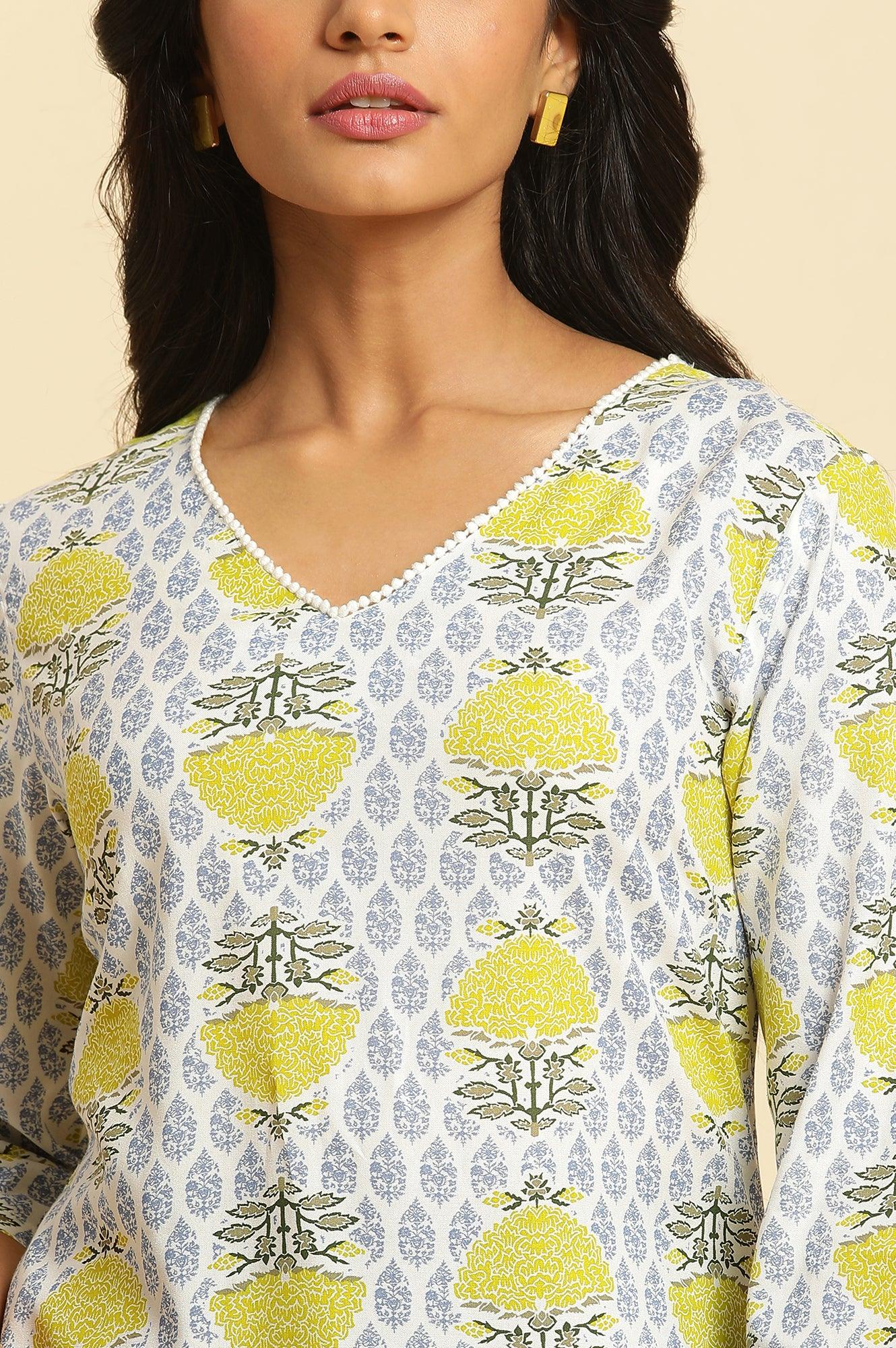 W for Woman White Straight Kurta With Green & Blue Prints
