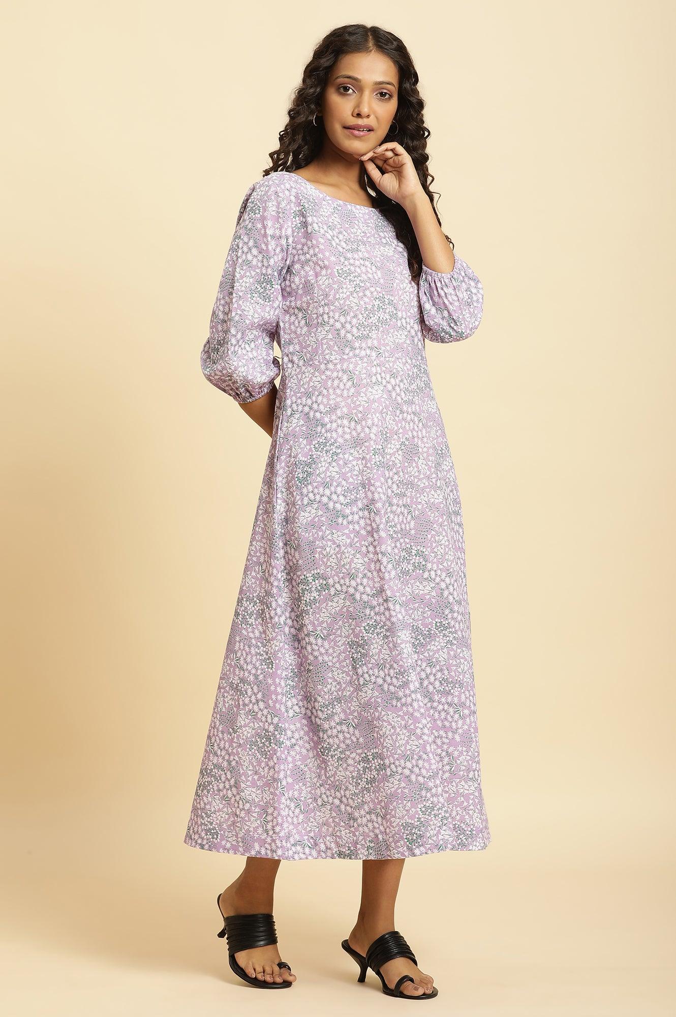 W for Woman Purple Floral Printed Flared Long Dress