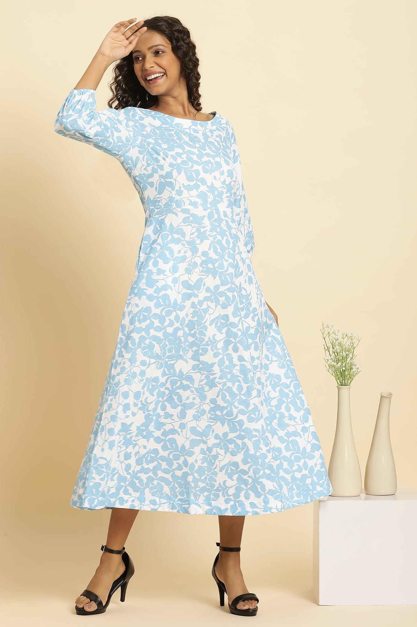 W for Woman White And Blue Floral Printed Flared Long Dress
