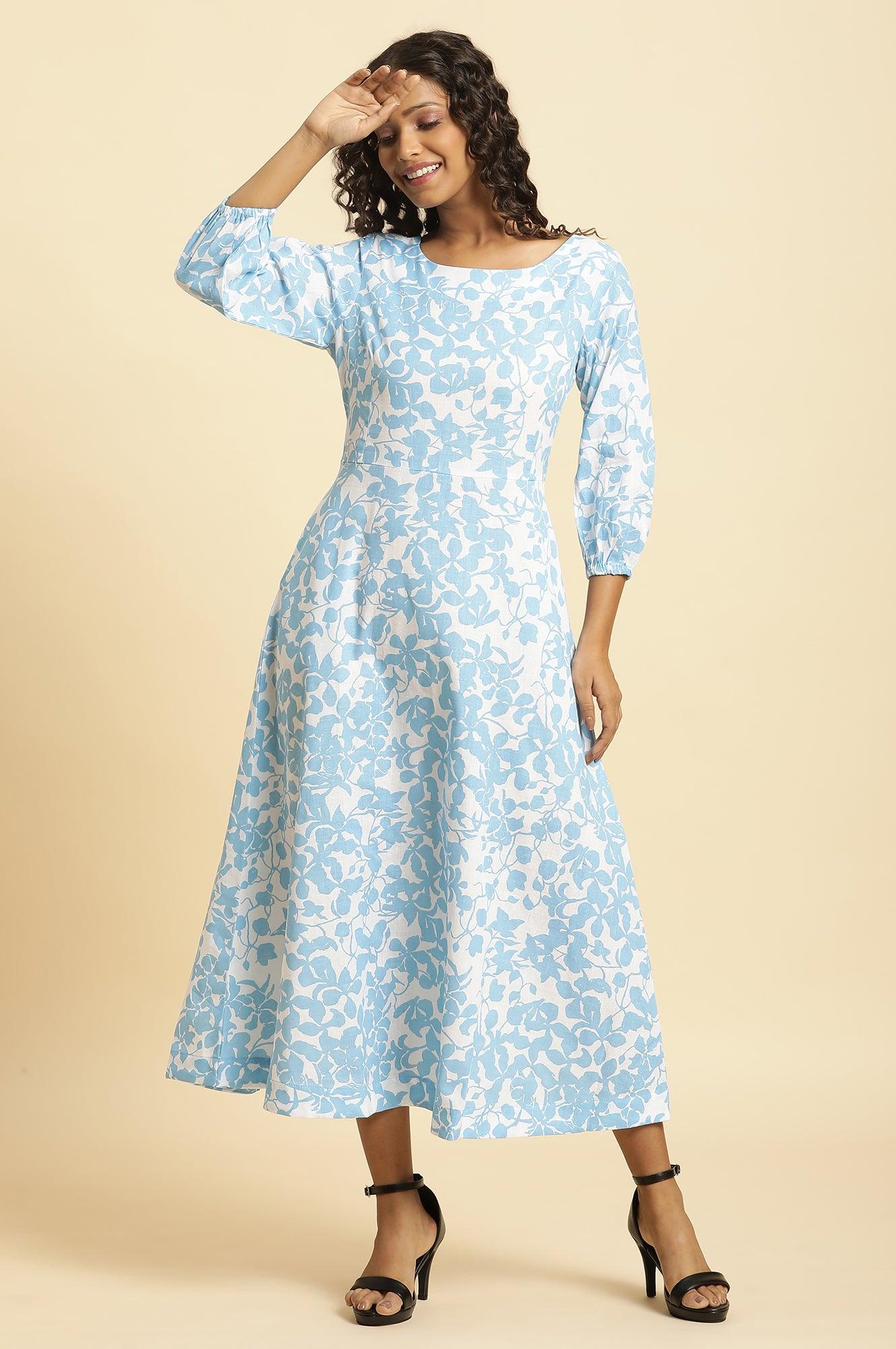 W for Woman White And Blue Floral Printed Flared Long Dress