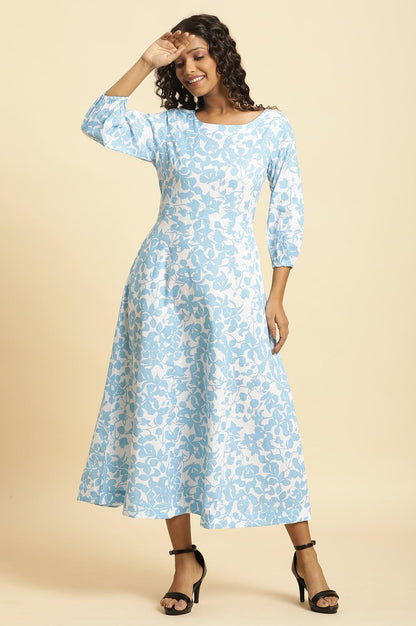 W for Woman White And Blue Floral Printed Flared Long Dress