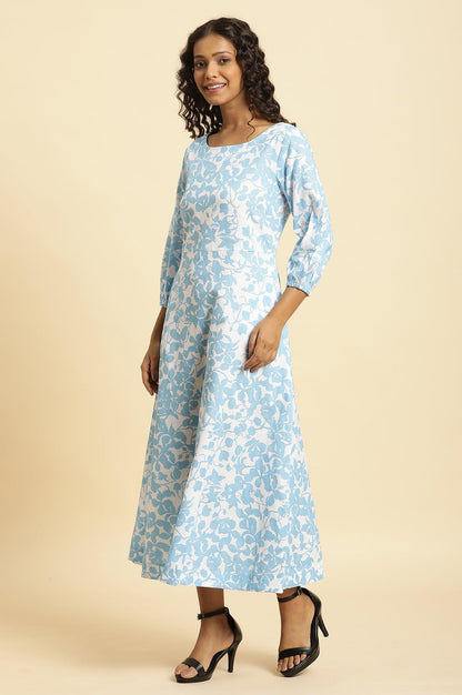 W for Woman White And Blue Floral Printed Flared Long Dress