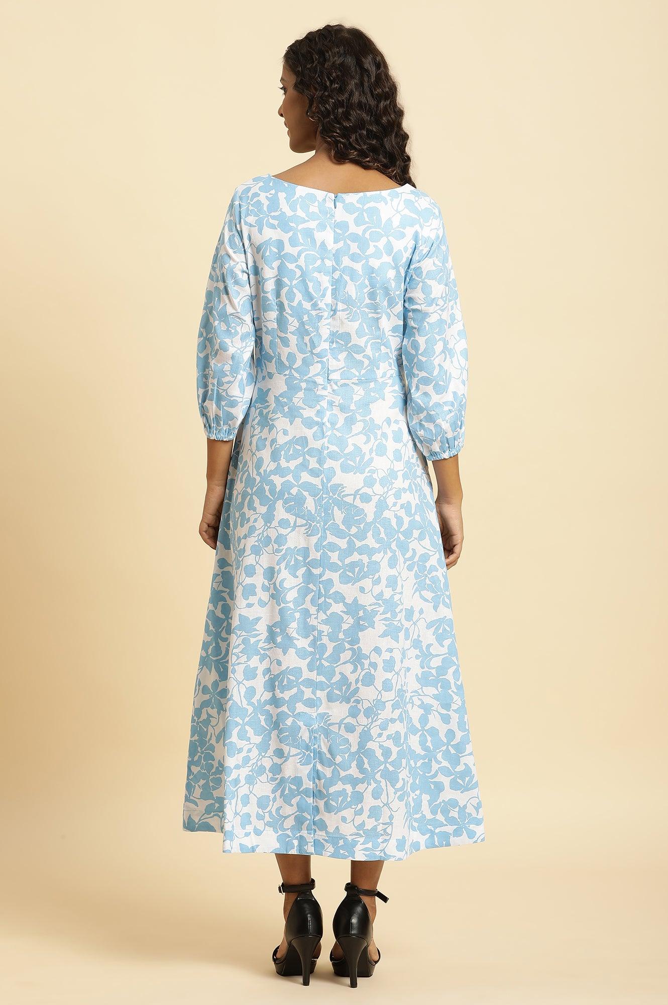 W for Woman White And Blue Floral Printed Flared Long Dress