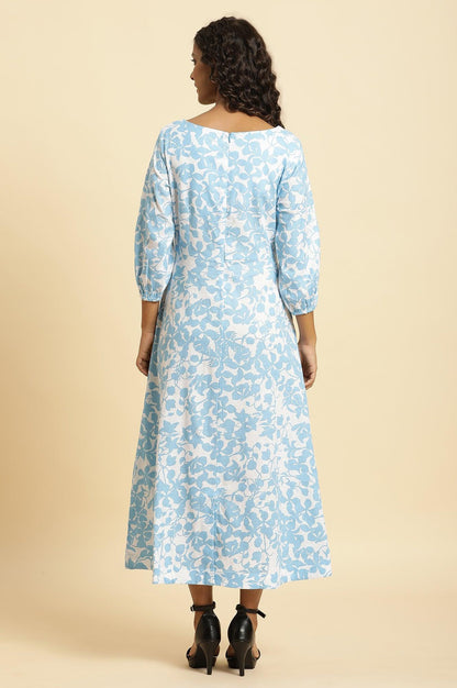W for Woman White And Blue Floral Printed Flared Long Dress