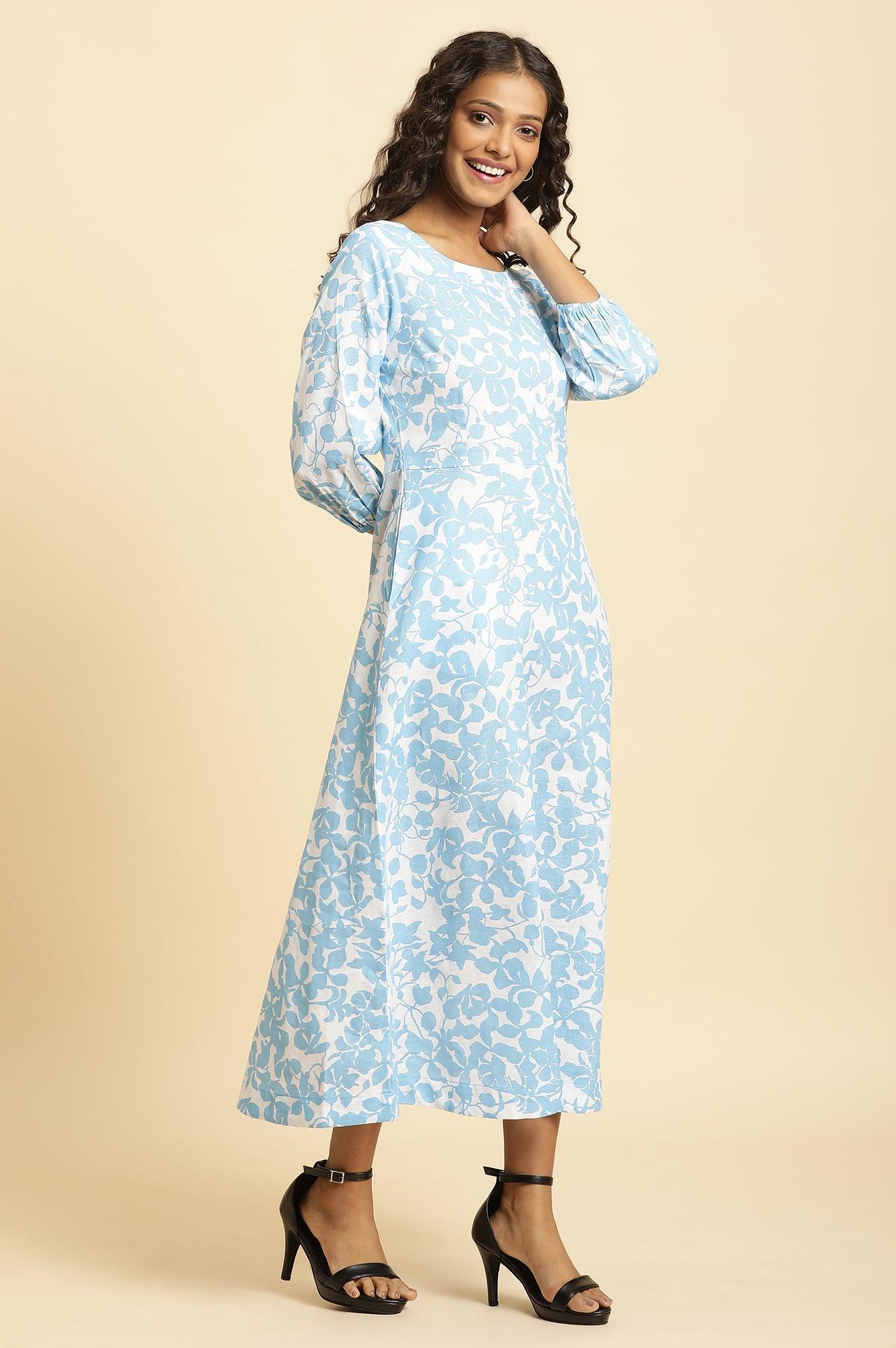 W for Woman White And Blue Floral Printed Flared Long Dress