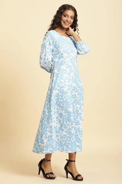 W for Woman White And Blue Floral Printed Flared Long Dress