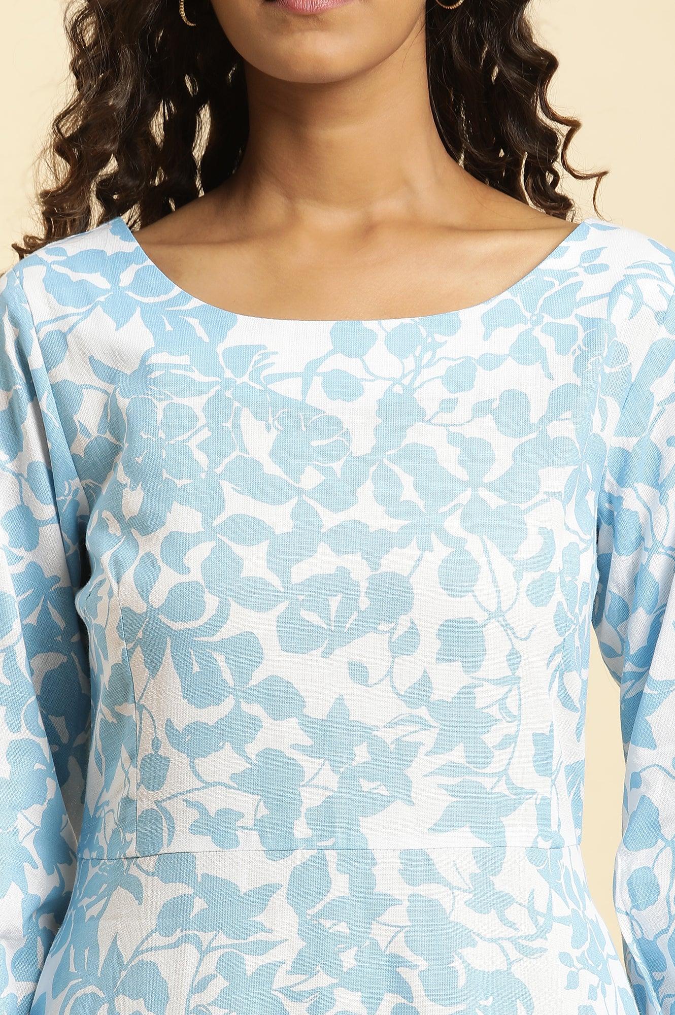 W for Woman White And Blue Floral Printed Flared Long Dress