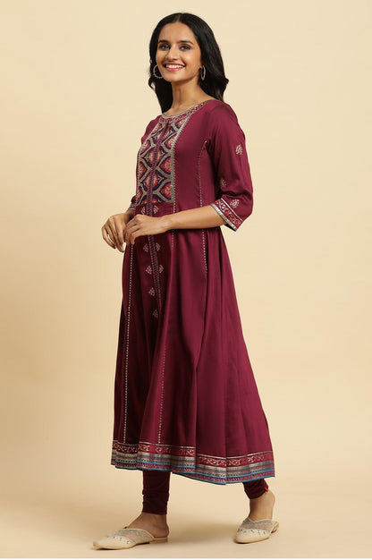 W for Woman Purple Embroidered Flared Kurta
