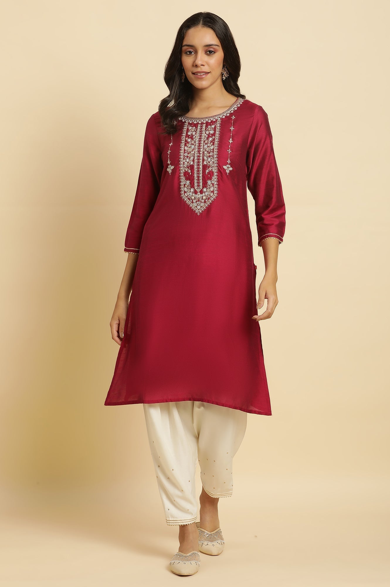W for Woman Magenta Embroidered Festive Kurta