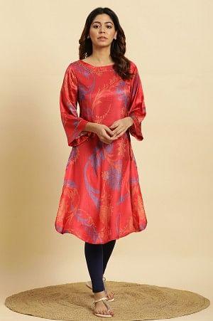 W for Woman Red Bold Floral Printed Satin A-Line Kurta