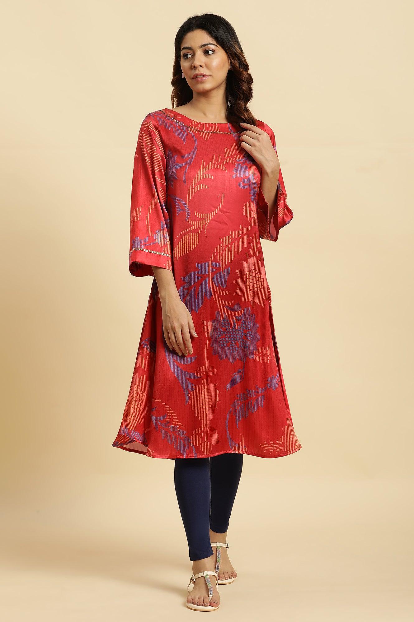 W for Woman Red Bold Floral Printed Satin A-Line Kurta