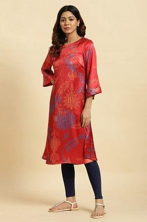 W for Woman Red Bold Floral Printed Satin A-Line Kurta