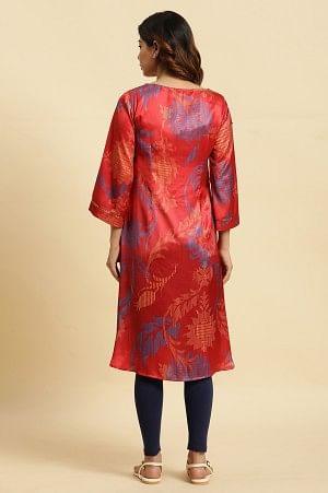W for Woman Red Bold Floral Printed Satin A-Line Kurta